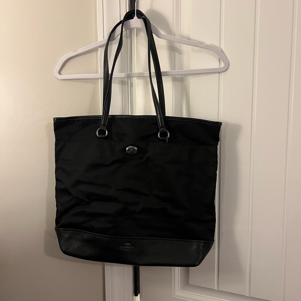 Coach tote, black nylon and leat